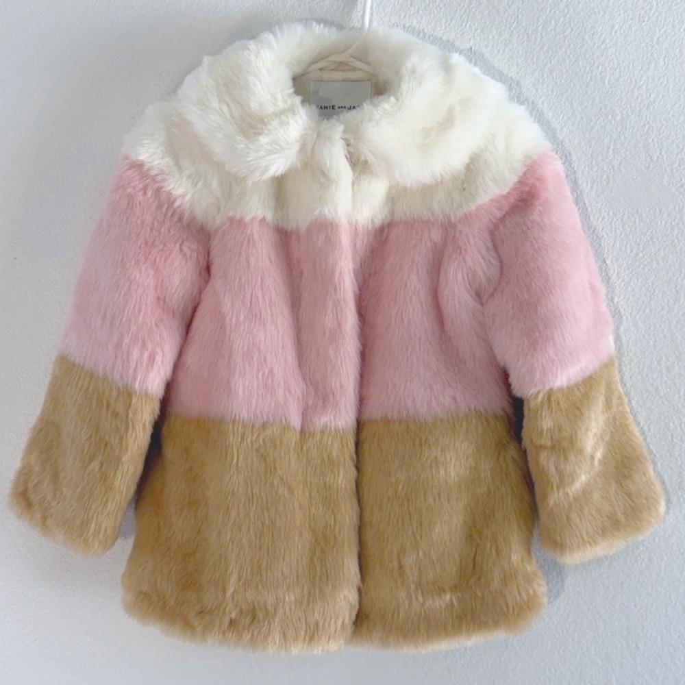 Janie and Jack Kids Pink Tan Cream Colorblock Faux Fur Coat Jacket Size 3-4